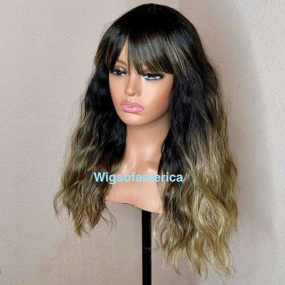 Bob wig with bangs 18 inches long Heat ok ash green ombre black - Picture 2 of 9